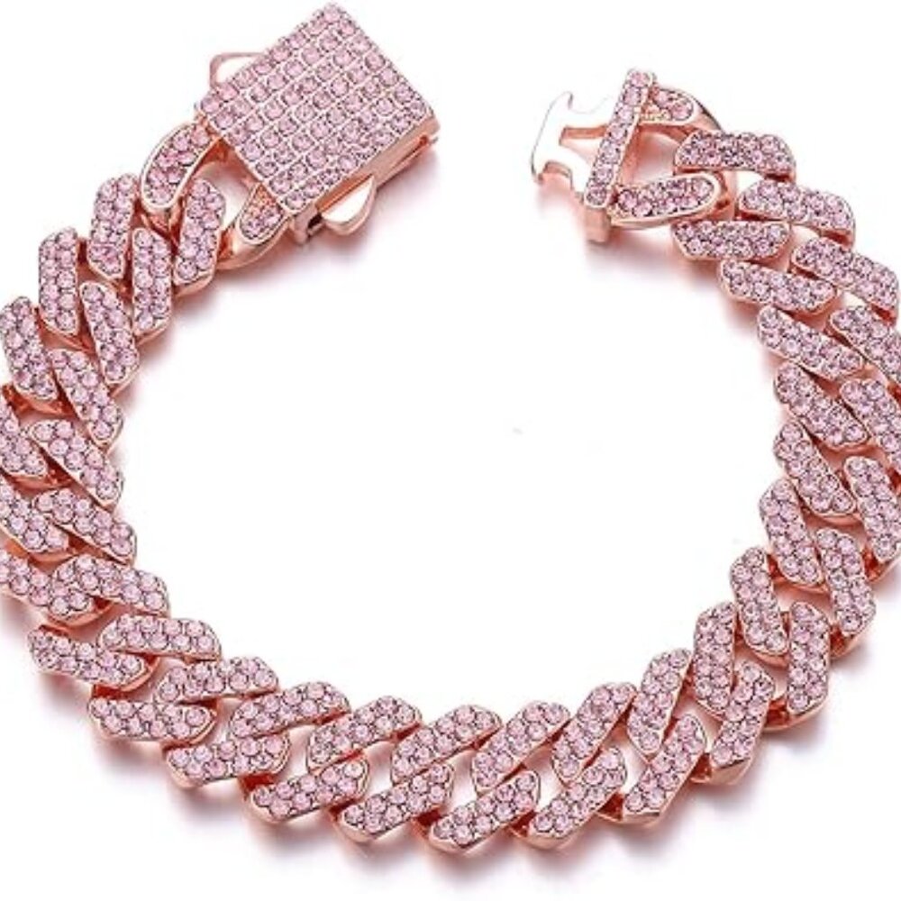 Cuban Link Bracelet Pink Rhinestones Bling Luxury‎ Look